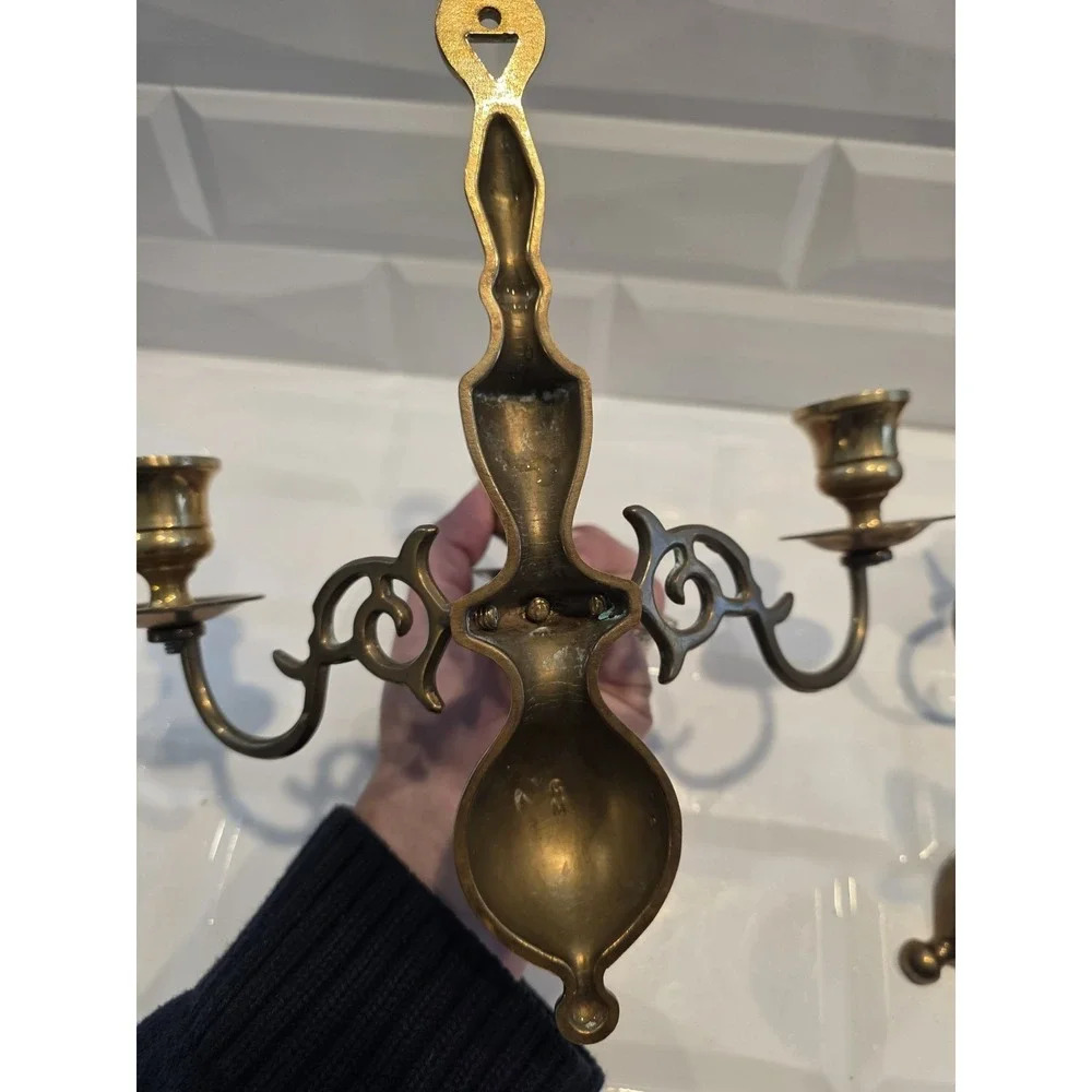 2 Vintage Brass 3 Arm Colonial Wall Sconce Candle Holders Pair 9